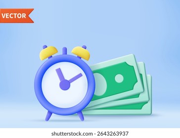 Time is money, business and finance concept. Quick payment, clock and cash, fast loan, easy credit. Time money saving. Timer and finance. Quick money. 3d rendering. Vector illustration