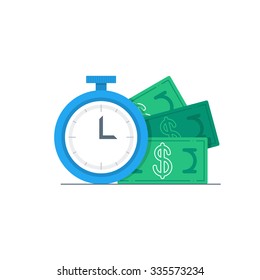 Time is money, business and finance concept. Quick payment, clock and cash, fast loan, easy credit, vector flat illustration