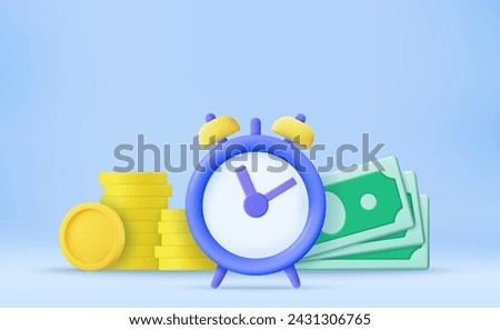 Time is money, business and finance concept. Quick payment, clock and cash, fast loan, easy credit. Time money saving. Timer and finance. Quick money. 3d rendering. Vector illustration