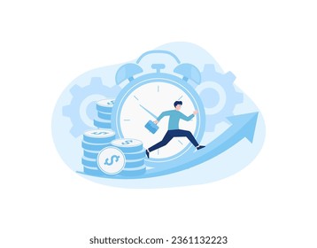 Time is money, businessman financial investment in stock market future with big clock, coins trending concept flat illustration