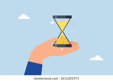 Time is money, businessman hand holding hourglass with sand falling to money.