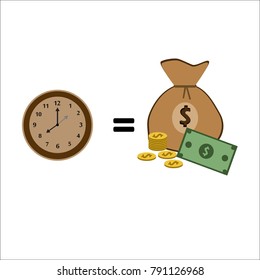 time is money , cash founded in bundles, gold coin, web icon, Flat design vector illustration.