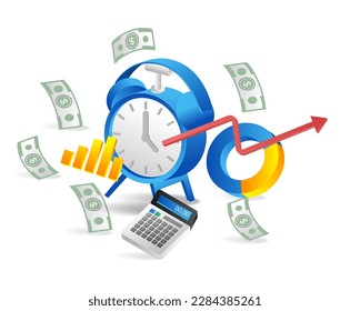 Time is money. Clock  calculator and dollar. Vector illustration.