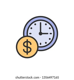 Time is money, clock with coin flat color line icon.