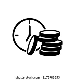 Time is money. Clock and coin stack. Finance icon. Black on white background