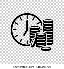 Time is money. Clock and coin stack. Finance icon. On transparent background.