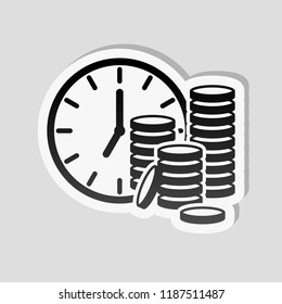 Time is money. Clock and coin stack. Finance icon. Sticker style with white border and simple shadow on gray background
