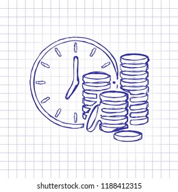 Time is money. Clock and coin stack. Finance icon. Hand drawn picture on paper sheet. Blue ink, outline sketch style. Doodle on checkered background