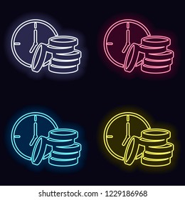 Time is money. Clock and coin stack. Finance icon. Set of neon sign. Casino style on dark background.
