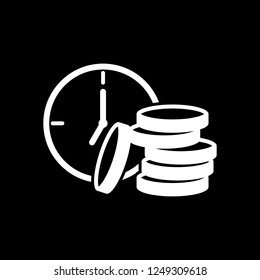 Time Is Money. Clock And Coin Stack. Finance Icon. White Icon On Black Background. Inversion