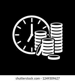 Time is money. Clock and coin stack. Finance icon. White icon on black background. Inversion