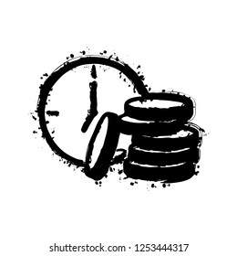 Time is money. Clock and coin stack. Finance icon. Black ink with splashes on white background