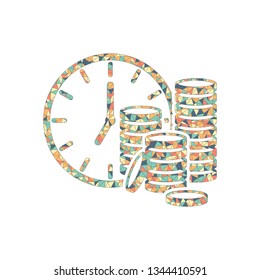 Time is money. Clock and coin stack. Finance icon. Colored mosaic with polygons