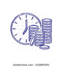 Time is money. Clock and coin stack. Finance icon. Hand drawn sketched picture with scribble fill. Blue ink. Doodle on white background