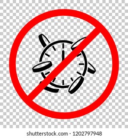 Time is money. Clock and coins. Finance icon. Not allowed, black object in red warning sign with transparent background
