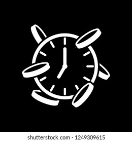 Time Is Money. Clock And Coins. Finance Icon. White Icon On Black Background. Inversion