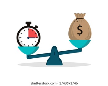 Time is money. Clock and money concept on the scales in a flat style. Stopwatch and money bag.