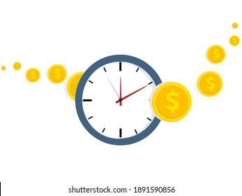 Time And Money. Clock With Dial And Coins. Economy And Attitude To Money. Concept Of Keeping Finance. Date Of Payment Of Taxes Or Credit In Foreign Currency. Deadline For Debt Repayment. Vector Illust