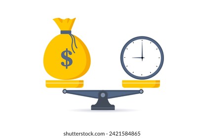 Time is money. Clock and dollar bag a balance scale. Financial concept .Time value of money asset growth over time depicts investment in long-term equity. Vector