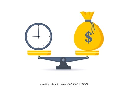 El tiempo es dinero. El reloj y el dólar sacan una balanza. Concepto financiero. El valor temporal del crecimiento de los activos monetarios a lo largo del tiempo representa la inversión en acciones a largo plazo. Vector