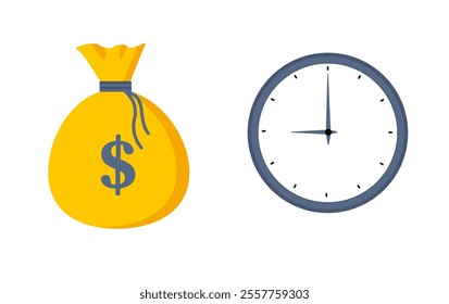 Time is money. Clock and dollar bag a balance scale. Financial concept .Time value of money asset growth over time depicts investment in long-term equity. Vector