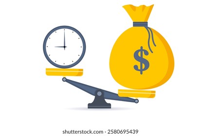 Time is money. Clock and dollar bag a balance scale. Financial concept .Time value of money asset growth over time depicts investment in long-term equity. Vector