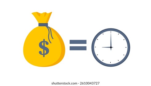 Time is money. Clock and dollar bag a balance scale. Financial concept .Time value of money asset growth over time depicts investment in long-term equity. Vector illustration