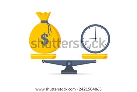 Time is money. Clock and dollar bag a balance scale. Financial concept .Time value of money asset growth over time depicts investment in long-term equity. Vector