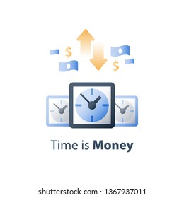 Time is money, clock face, financial solution, fast cash loan, quick money send, payment installment period, vector icon