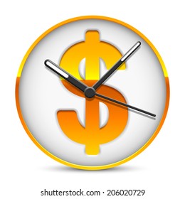 Time is money. Clock face with golden dollar sign.