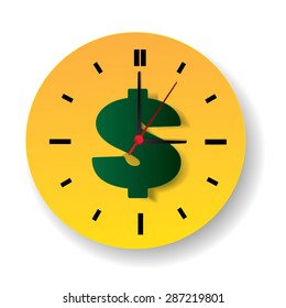 Time is money. Clock face with golden dollar sign.