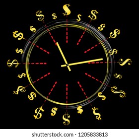 Time is money, a clock with hands .gold dollar, Business, black. vector
