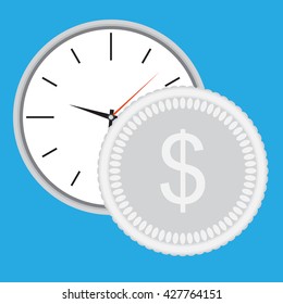 Time is money, clock with silver coin. Dollar money silver and  business and earning. Vector  illustration