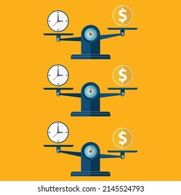 Time is money. Coin and clock on scales icon.