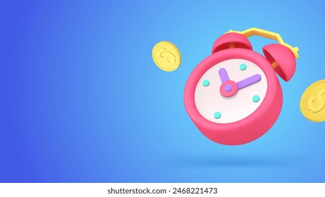 El tiempo es dinero monedas reloj despertador capitalización de intercambio financiero icono 3d Ilustración vectorial realista. Depósitos de Cuenta bancaria bonos de ahorro beneficios de inversión maximizar pensión de jubilación