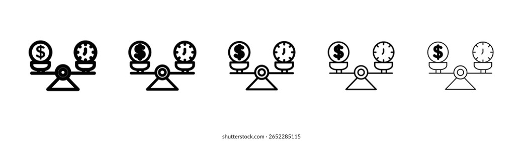 El icono de la escala de comparación de tiempo y dinero llenó el concepto de signo plano para el Diseño web.