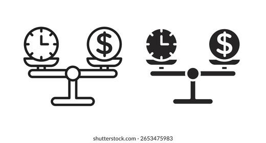 El tiempo y el dinero comparan el icono de la escala, el signo del Vector del contorno, el pictograma linear y sólido del estilo aislado en blanco.