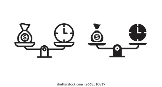 Tempo e dinheiro comparar escala ícone estilo sólido. Ilustração de vetor plano.