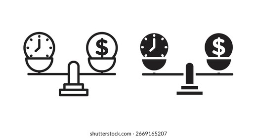 Icono de escala de comparación de tiempo y dinero. Ilustración vectorial. Ilustración vectorial aislada. Ilustración EPS.