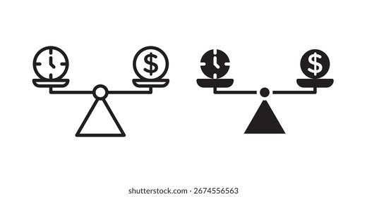 El tiempo y el dinero comparan el icono de la escala en el estilo de moda plano y del trazador de líneas para los diseños App de la ui