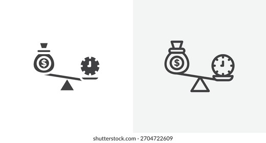 Icono de escala de comparación de tiempo y dinero. colección de línea de trazo editable y estilos planos sólidos.