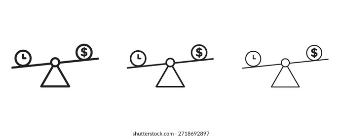 Tempo e dinheiro comparar escala ícone logotipo preto pictograma conjunto. linha fina contorno arte.