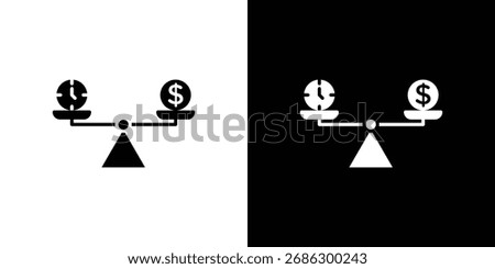 Time and money compare scale icon vector graphics. Flat solid black vector set