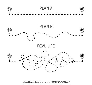 Time is money. The concept of achieving the goal.Three options for the path. The easy way, the middle way, and the hard way. Vector illustration isolated on white background.