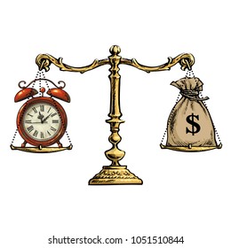 Time is money concept. Money and Time balance on the scale. Retro stile sketch vector illustration isolated on white background.