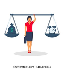 Time money concept. Business decisions. Woman is holding the scales on outstretched hand. Weighing the clock and a bag of coins. Vector illustration flat design. Isolated on white background.
