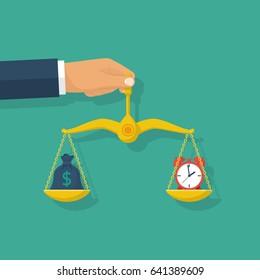 Time money concept. Business decisions. Man is holding the scales on outstretched hand. Weighing the clock and a bag of coins. Vector illustration flat design. Isolated on white background.