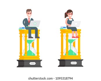Time is money concept. Businessman and businesswoman with laptops are sitting on an huge hourglasses on white background. Vector illustration