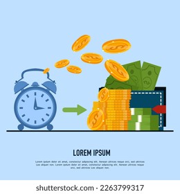 Time is money concept, Cash back, wallet with dollar sign and stopwatch, easy loan, instant payment, fast money transfer, financial services, vector flat illustration