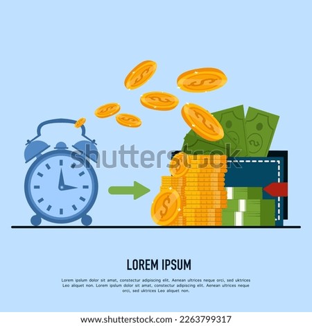  Time is money concept, Cash back, wallet with dollar sign and stopwatch, easy loan, instant payment, fast money transfer, financial services, vector flat illustration